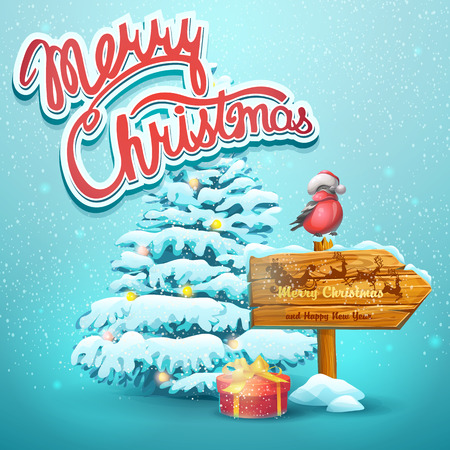 Christmas vector illustration with fir, pointer, bullfinchのイラスト素材