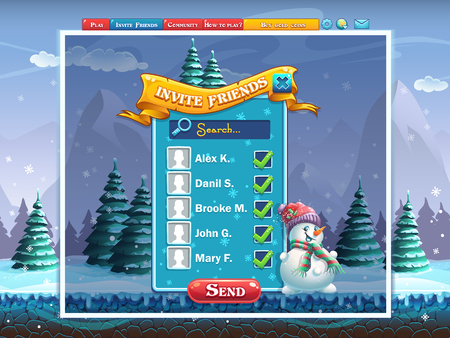Winter holidays invite friends window for the computer gameのイラスト素材