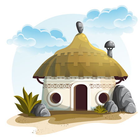 Illustration House with cactus and rocks under cloudy skyのイラスト素材