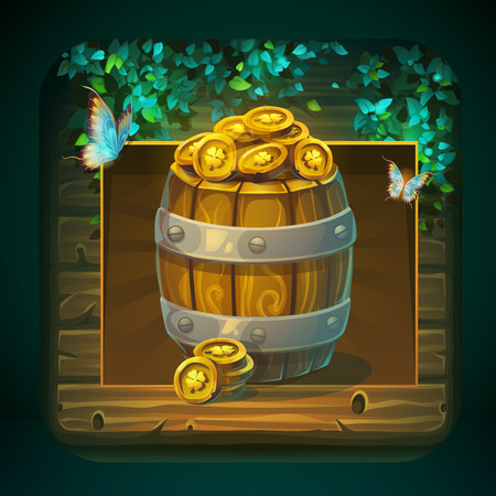 Icon barrel with gold coins for game user interface. Vector illustration to the computer game Shadowy forest GUI. Background image to create original video or web games, graphic design, screen savers.のイラスト素材