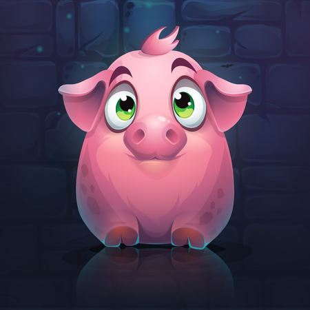 Vector cartoon big pig on a brick wall backgroundの写真素材