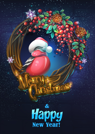 Vector illustration bullfinch greeting card Merry Christmas and Happy New Year. For web, video games, user interface, design.のイラスト素材