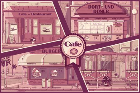 Vector set background cafes in Budapest, New York, Dortmund, Dniproのイラスト素材