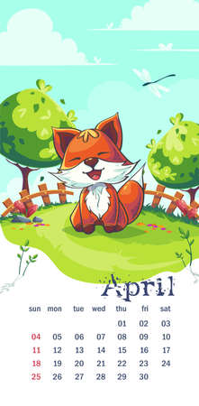 2021 Calendar April Funny cartoon fox on the spring lawnのイラスト素材