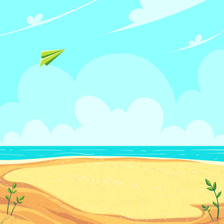 Green paper airplane flying in the clouds over the sandy seashoreのイラスト素材