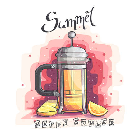 Vector illustration Happy Summer - Glass with teamint, orange and lemonのイラスト素材
