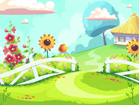 Vector background illustration farm on green meadowのイラスト素材