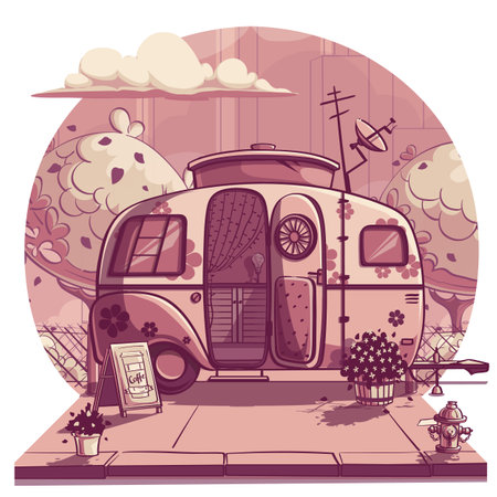 Vector background illustration trailer on a bus stop in a pink colorのイラスト素材
