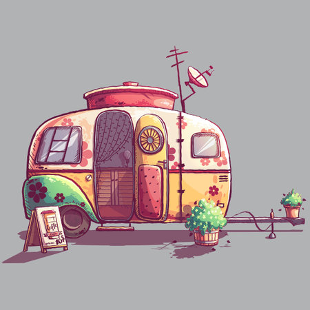 Vector cartoon illustration of multi-colored trailer, flowerpots with flowers, signboardのイラスト素材