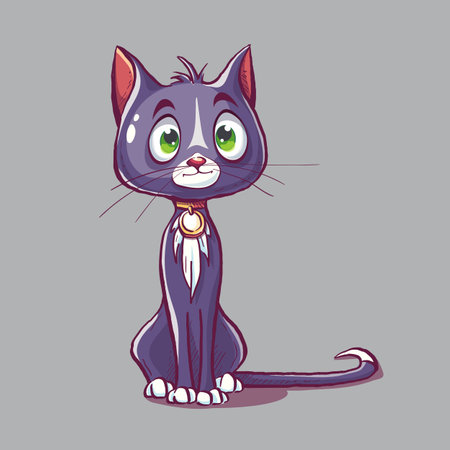 A cute purple cat with green eyes and a medallion sits alone. cartoon characterのイラスト素材