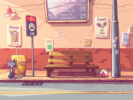 Vector background illustration bus stop with sad catのイラスト素材