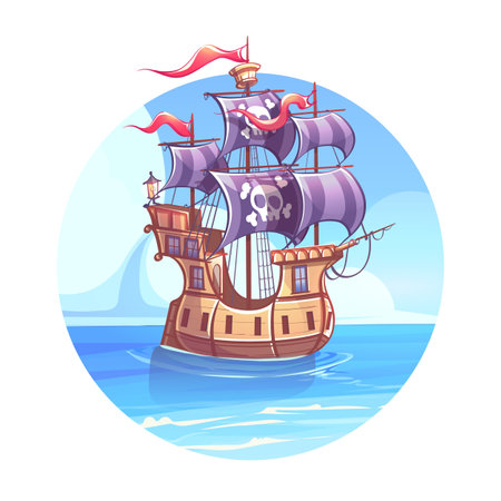 Pirate ship Vector illustration with image of a skeleton on sailのイラスト素材