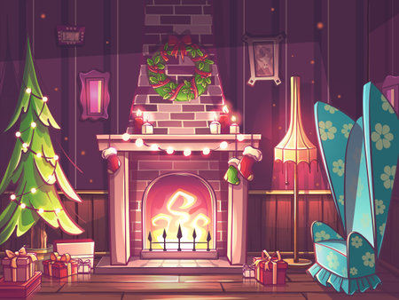 Color illustration classic fireplace with brick surround in houseのイラスト素材