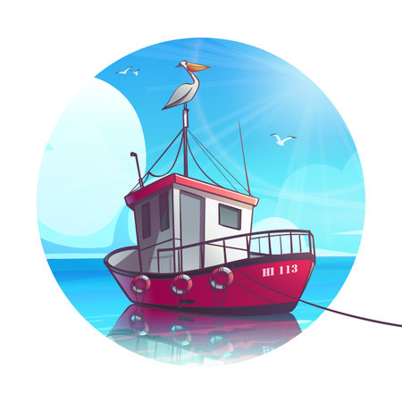 Ship with pelican on mast in natural environmentのイラスト素材