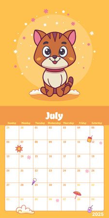 July calendar page with a cute kitten mascotのイラスト素材