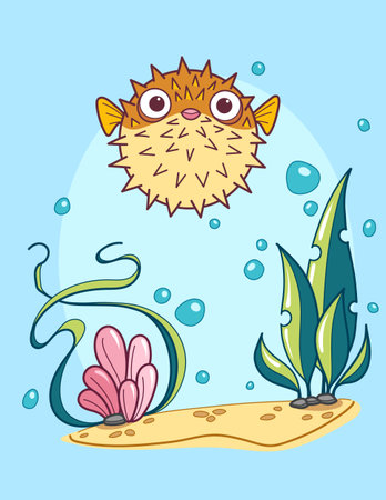 Cartoon Puffer Fish Among Sea Plants and Bubblesのイラスト素材