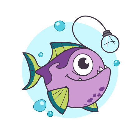 Cute and vibrant cartoon anglerfish with purple scales and green fins swimming in a light blue background with bubbles. Perfect for children s illustrations or ocean-themed designs. Vector illustrationのイラスト素材