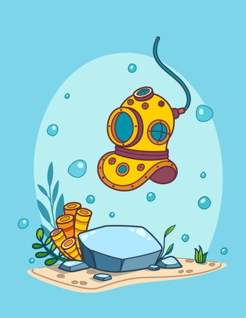 A cartoon brass diving helmet swims amidst vibrant aquatic plants, corals, rocks and bubbles in an animated underwater setting. Vector illustrationのイラスト素材