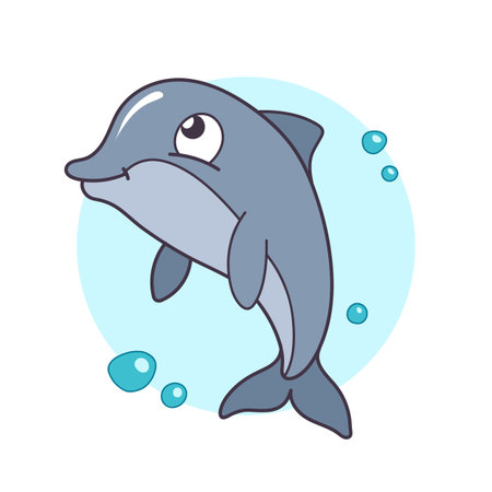 Cute and vibrant cartoon dolphin swimming in a light blue background with bubbles. Perfect for children s illustrations or ocean-themed designs. Vector illustrationのイラスト素材