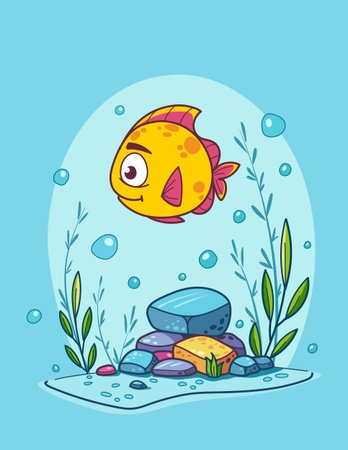 A cheerful cartoon goldfish swims amidst vibrant aquatic plants and bubbles in an animated underwater setting. Ideal for childrens materials or marine-themed designs. Vector illustrationのイラスト素材