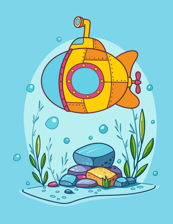 A cheerful cartoon yellow submaring swims amidst vibrant aquatic plants and bubbles in an animated underwater setting. Ideal for childrens materials or marine-themed designs. Vector illustrationのイラスト素材