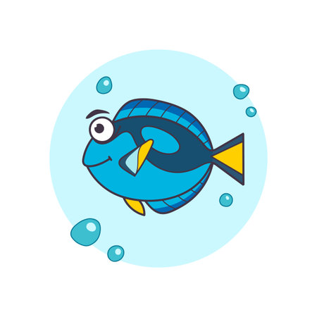 Cute and vibrant cartoon surgeonfish with orange and yellow stripes swimming in a light blue background with bubbles. Perfect for children s illustrations or ocean-themed designs. Vector illustrationのイラスト素材