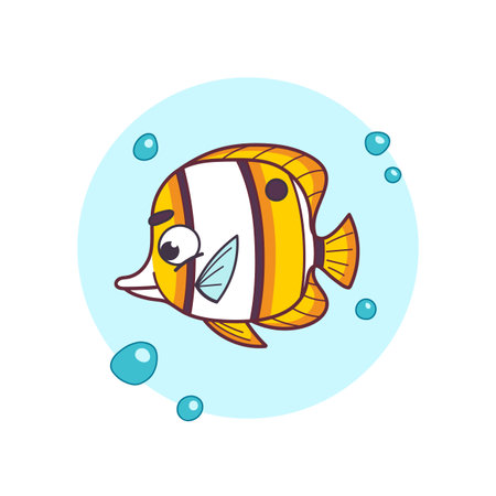 Cute and vibrant cartoon yellow striped cardinalfish with orange and yellow stripes swimming in a light blue background with bubbles. Perfect for children s illustrations or ocean-themed designs. Vector illustrationのイラスト素材