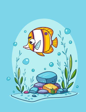 A cheerful cartoon yellow striped cardinalfish swims amidst vibrant aquatic plants and bubbles in an animated underwater setting. Ideal for childrens materials or marine-themed designs. Vector illustrationのイラスト素材