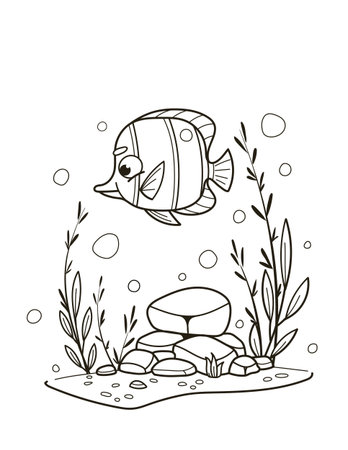 Simple line art black and white illustration of a cartoon yellow striped cardinalfish swimming in an underwater scene with various plants and bubbles. Vector illustrationのイラスト素材