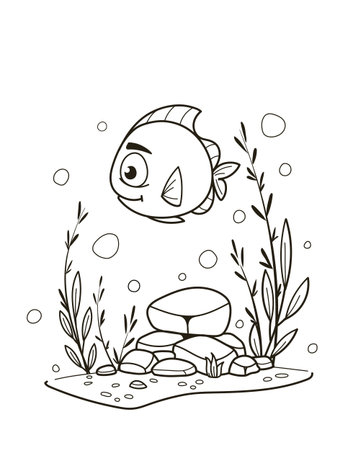 Simple line art black and white illustration of a cartoon goldfish swimming in an underwater scene with various plants and bubbles. Vector illustrationのイラスト素材