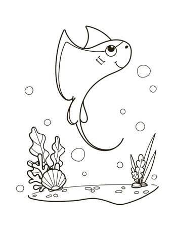 Simple line art black and white illustration of a cartoon stingray swimming in an underwater scene with various plants and bubbles. Vector illustrationのイラスト素材