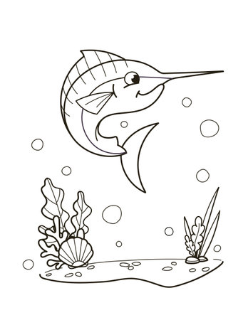 Simple line art black and white illustration of a cartoon swordfish swimming in an underwater scene with various plants and bubbles. Vector illustrationのイラスト素材
