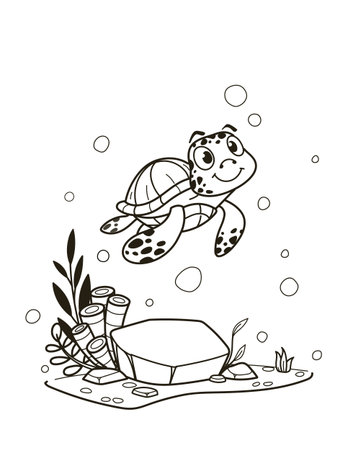 Simple line art black and white illustration of a cartoon turtle swimming in an underwater scene with various plants and bubbles. Vector illustrationのイラスト素材
