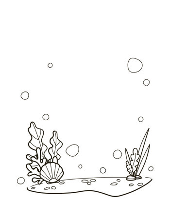 Coloring book underwater scene with vibrant aquatic plants, bubbles, rocks and seashells. A cheerful and playful illustration ideal for backgrounds or aquatic themes in black and white. Vector illustrationのイラスト素材