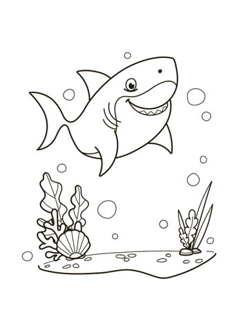 Simple line art black and white illustration of a cartoon shark swimming in an underwater scene with various plants and bubbles. Vector illustrationのイラスト素材