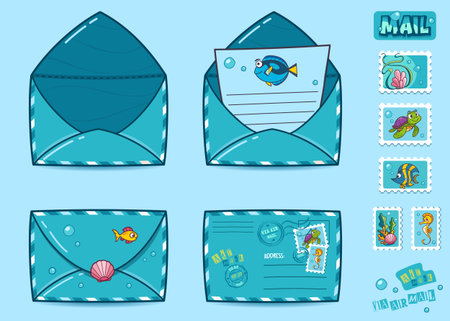 A whimsical design featuring colorful underwater-themed envelopes, a letter with a fish illustration, and stamps. Perfect for marine or ocean-themed stationery projects. Vector illustrationのイラスト素材