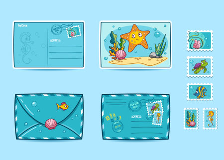 A vibrant collection of illustrated postcards featuring marine themes, including a starfish, seahorse, and sea turtle, along with matching stamps against a light blue background. Vector illustrationのイラスト素材