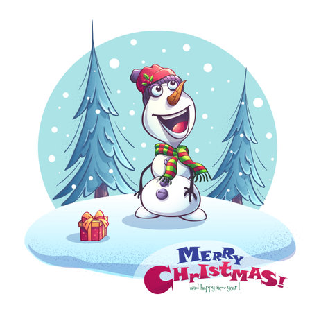Cheerful Snowman with Christmas Gifts in Winter Sceneのイラスト素材