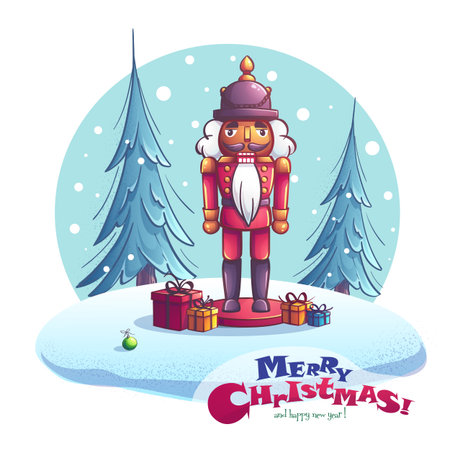 Christmas Nutcracker with Presents and Pine Treesのイラスト素材
