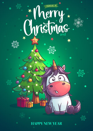 Merry Christmas Card with Unicorn and Treeのイラスト素材