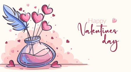 Romantic illustration featuring a love ink inkwell with pink liquid, a blue feather, and heart sticks surrounded by floating hearts. A sweet Valentine scene perfect for cards, prints, and projects.のイラスト素材