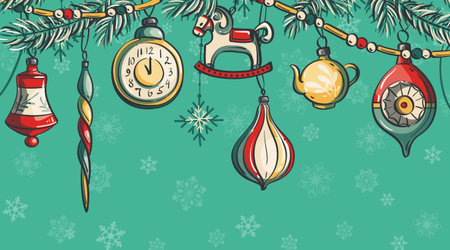 Vintage Christmas illustration with hanging ornaments, rocking horse, clock, teapot, bell, bauble, icicle and snowflakes on a teal background. Ideal for holiday cards, banners and winter projects.のイラスト素材