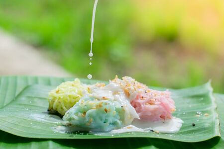 Thai Desserts (Ka-Nhom-Ray-Rai or Rang-rai ), Rice flour dumpling topped coconut milk and sugar mixed with sesame, colorful Thai desserts, Thailand traditional food.の写真素材
