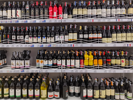 Bangkok, Thailand - August 13, 2019: Row of a variety of bottles of Wine
 inside supermarket shop at Big C Extra.のeditorial素材
