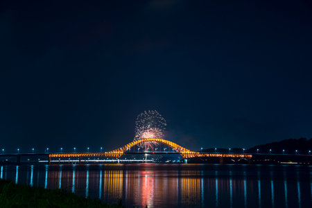Fireworks Festival Night View of Banghwadaegyo Bridge in Seoulの写真素材