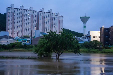 Rainy Season Flood Scenery in Anyang river, Koreaの写真素材