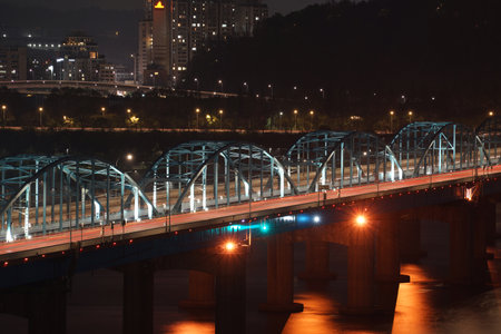 Night view of Dongjak Bridge in Seoul, Koreaの写真素材