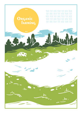 Cows graze on green grass by a lake with ducks on a clear sunny day. A poster with the caption: organic farming. Vector illustration.のイラスト素材