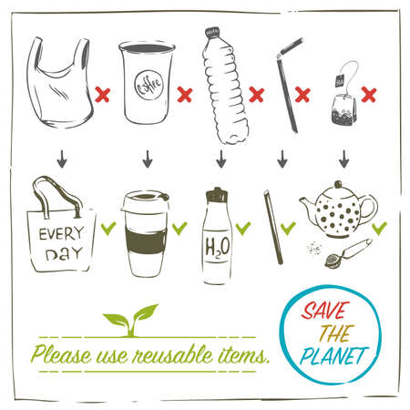 Illustration of replacing disposable items with eco-friendly reusable ones with a plastic bottle, bag, straws, disposable cup, shopper bag, thermostat. Zero waste informed consumption. Save the planetのイラスト素材