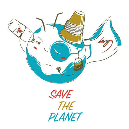 Vector illustration of planet Earth covered with disposable trash: plastic bottle, bag, straws, disposable cup, tea bag. World Environment Day, ecology, zero waste. Cartoon style. Informed consumptionのイラスト素材